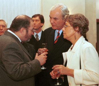 Russian TV presenter Vladimir Molchanov in Dipclub during Svetlana Bezrodnaya's party. 2006. Moscow. Russia In the picture: Yury Belyavsky, Vladimir Molchanov and his wife Consuela Sigura