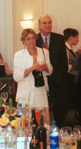 Russian TV presenter Vladimir Molchanov and his wife Consuela Sigura in Dipclub during Svetlana Bezrodnaya's party. 2006. Moscow. Russia